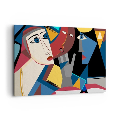 Impression sur toile - Image sur toile - Visages cubistes aux couleurs intenses - 100x70cm - Une conversation entre cubistes - Décoration murale moderne pour le salon et la chambre ARTTOR