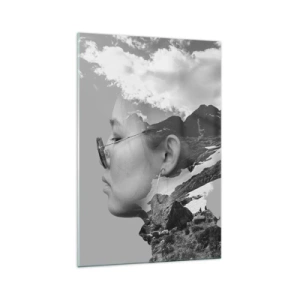 Impression sur verre - Image sur verre - Une composition en noir et blanc avec une silhouette de femme et un paysage de montagne. - 70x100cm - Portrait de montagnes et nuages - Décoration murale moderne pour le salon et la chambre ARTTOR
