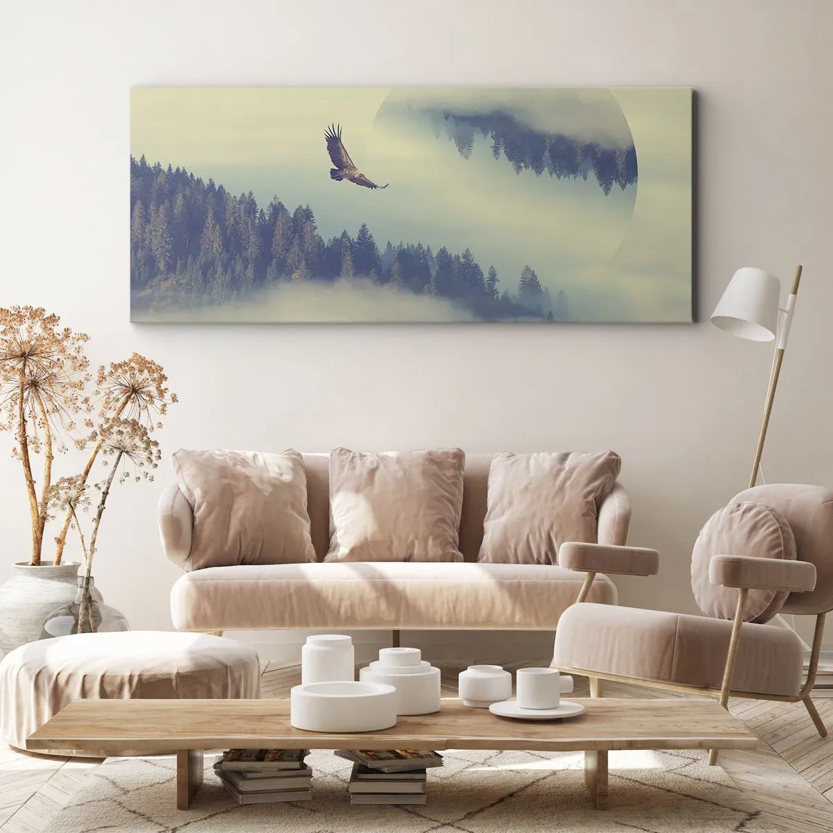 Impression sur toile - Image sur toile - Un aigle en vol sur fond de montagnes brumeuses avec un motif circulaire artistique - 160x50cm - J'ai vu l'ombre d'un aigle - Décoration murale moderne pour le salon et la chambre ARTTOR