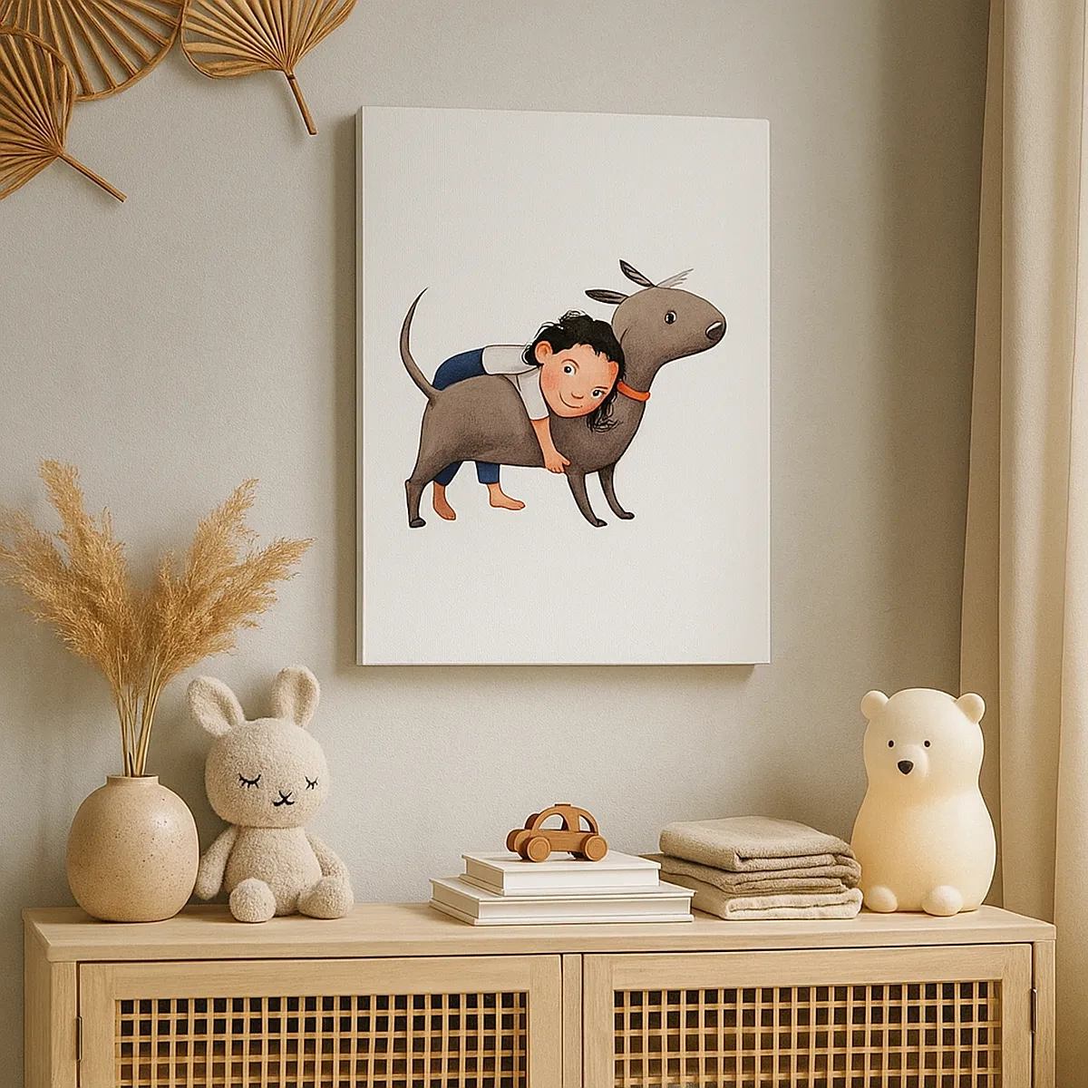 Impression sur toile - Image sur toile - Illustration de style dessin animé d'un enfant serrant un chien dans ses bras - 50x70cm - Les meilleurs amis - Décoration murale moderne pour le salon et la chambre ARTTOR