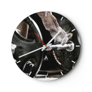 Horloge murale - Pendule murale - Haltère et main pendant l'entraînement - 30x30cm - Défi accepté! - Décoration murale moderne pour le salon, la cuisine et la chambre ARTTOR