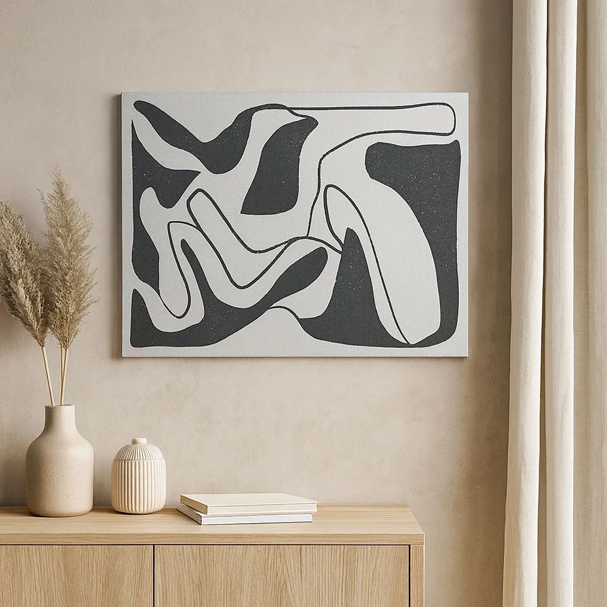 Impression sur toile - Image sur toile - Abstraction en noir et blanc avec des formes organiques - 70x50cm - Amusement de labyrinthe abstrait - Décoration murale moderne pour le salon et la chambre ARTTOR