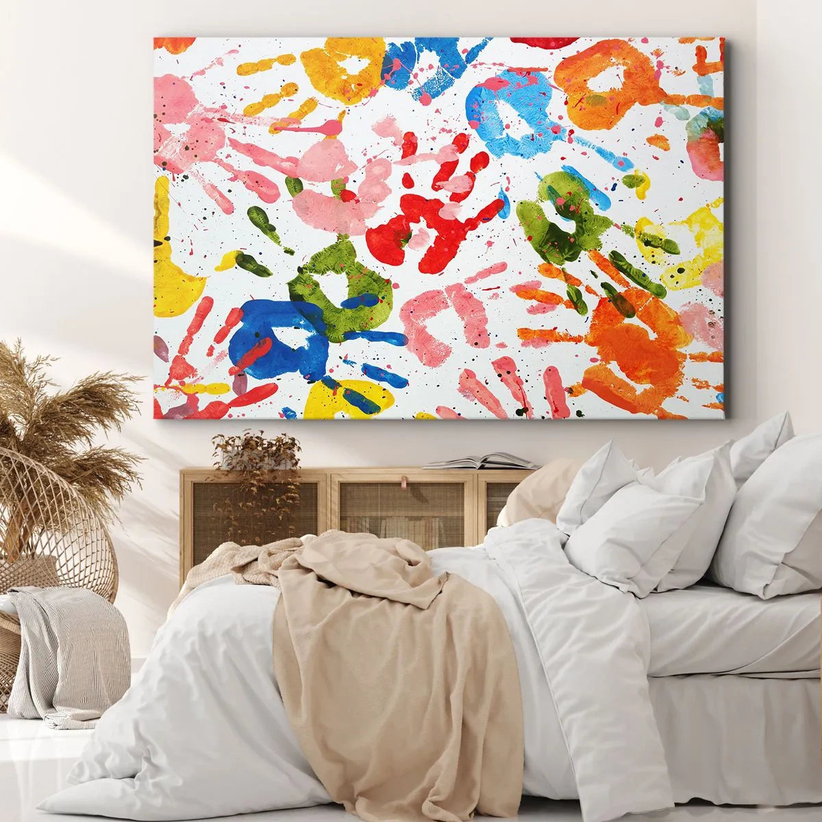 Impression sur toile - Image sur toile - Empreintes de mains colorées sur fond blanc - 70x50cm - Suivez les traces - Décoration murale moderne pour le salon et la chambre ARTTOR