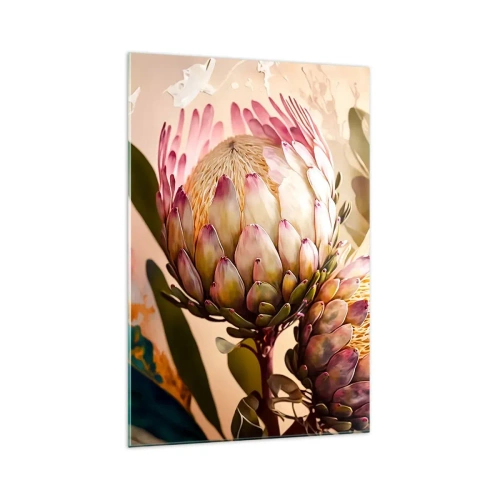 Impression sur verre - Image sur verre - Fleurs de protéa colorées sur un fond délicat - 70x100cm - Tendrement embrassé - Décoration murale moderne pour le salon et la chambre ARTTOR