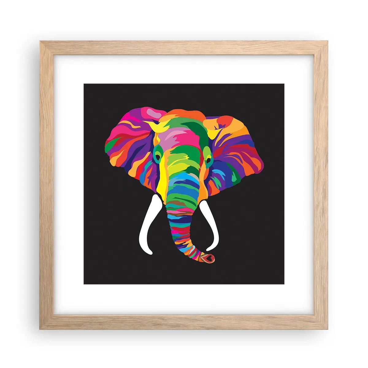 Affiche dans un chêne clair - Poster - L'éléphant qui aimait se baigner dans un arc-en-ciel - 30x30 cm