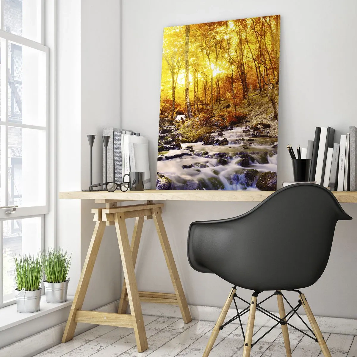 Impression sur verre - Image sur verre - Forêt d'automne avec un ruisseau parmi les feuilles dorées - 70x100cm - Pierres serties d'or et de platine - Décoration murale moderne pour le salon et la chambre ARTTOR