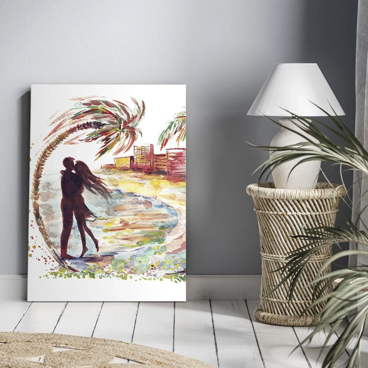 Impression sur toile - Image sur toile - Scène de couple romantique sur une plage avec des palmiers à l'aquarelle - 50x70cm - Vacances romantiques - Décoration murale moderne pour le salon et la chambre ARTTOR