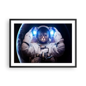 Affiche dans un cadre noir - Poster - Un chat dans une combinaison d'astronaute avec la Terre en arrière-plan et une lumière vive. - 70x50cm - Houston, vous avez un problème - Décoration murale moderne pour le salon et la chambre ARTTOR