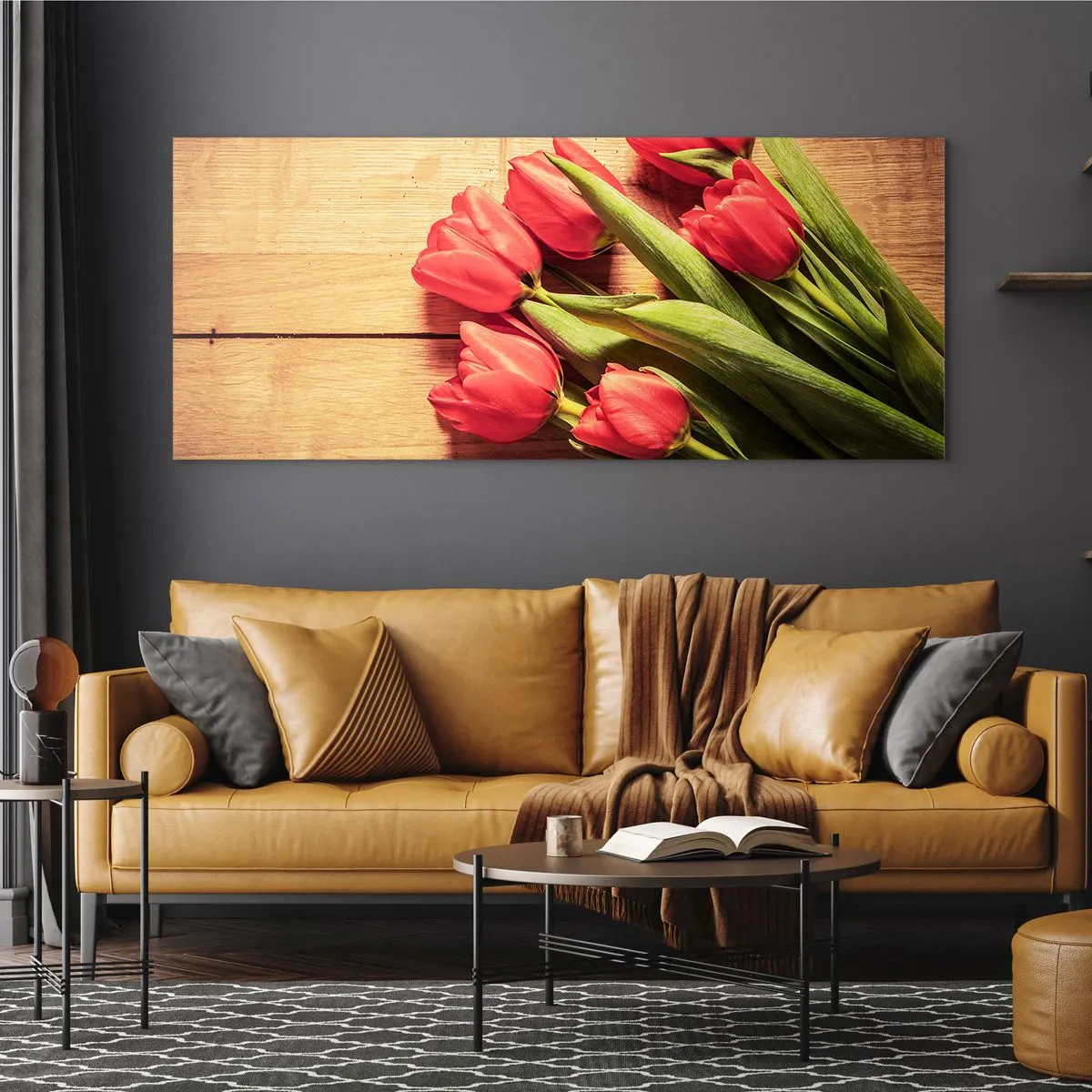 Impression sur verre - Image sur verre - Un bouquet de tulipes roses sur un fond en bois - 120x50cm - Défi du printemps - Décoration murale moderne pour le salon et la chambre ARTTOR