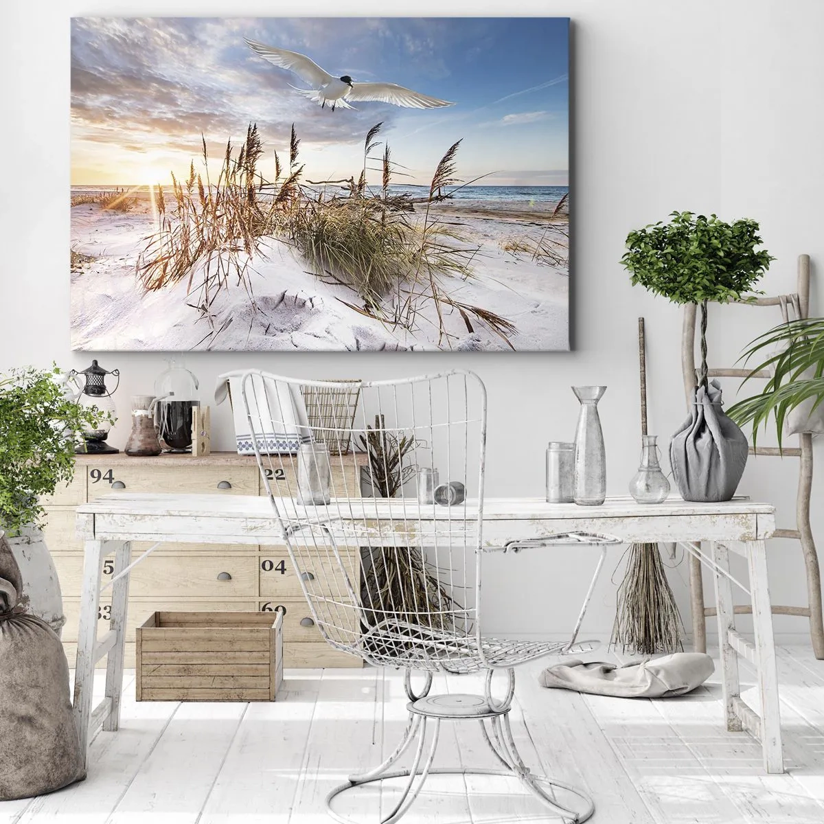 Impression sur toile - Image sur toile - Plage avec des mouettes volant au coucher du soleil - 100x70cm - Vent de mer - Décoration murale moderne pour le salon et la chambre ARTTOR