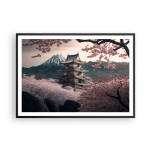 Affiche dans un cadre noir - Poster - Un temple japonais entouré de cerisiers en fleurs et de montagnes - 100x70cm - Le pays des cerisiers en fleurs - Décoration murale moderne pour le salon et la chambre ARTTOR