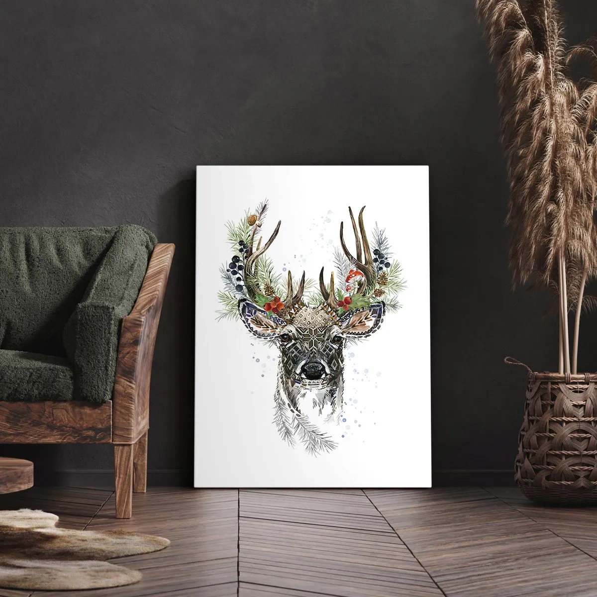 Impression sur toile - Image sur toile - Cerf stylisé avec des bois décoratifs sur fond blanc - 50x70cm - En robe de fête - Décoration murale moderne pour le salon et la chambre ARTTOR