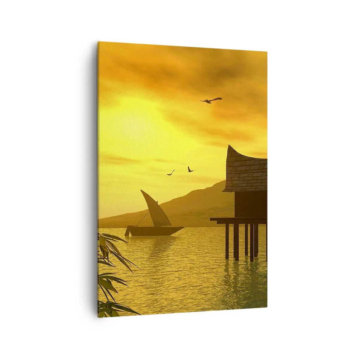 Impression sur toile - Image sur toile - Coucher de soleil tropical sur l'eau avec une maison en bois sur pilotis. - 70x100cm - La paix tant désirée - Décoration murale moderne pour le salon et la chambre ARTTOR