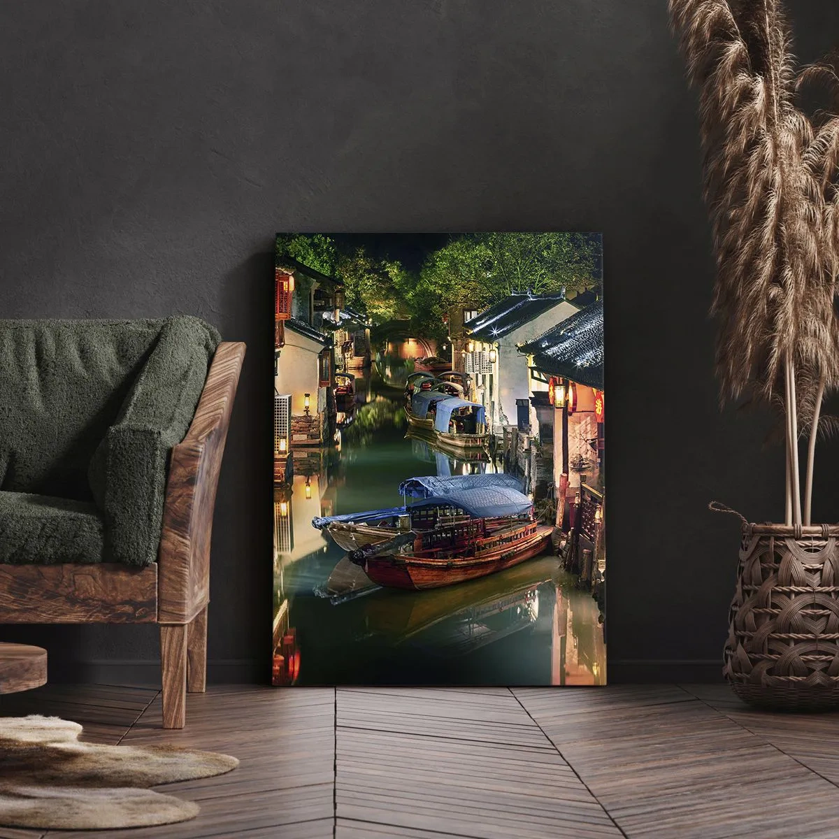 Impression sur toile - Image sur toile - Vue nocturne des canaux avec bateaux et maisons traditionnels - 50x70cm - Soirée dans une rue chinoise - Décoration murale moderne pour le salon et la chambre ARTTOR