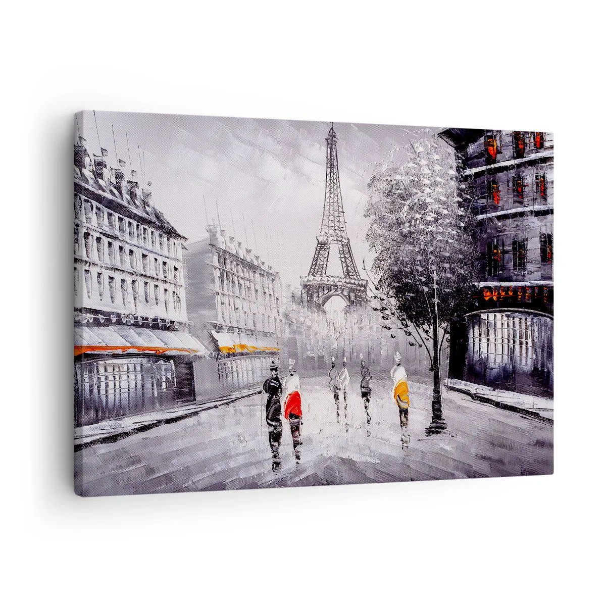 Impression sur toile - Image sur toile - Une vue de la Tour Eiffel dans un décor monochrome avec des touches de couleur - 70x50cm - Balade parisienne - Décoration murale moderne pour le salon et la chambre ARTTOR