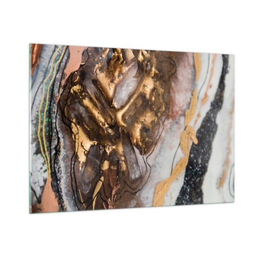 Impression sur verre - Image sur verre - Une peinture abstraite dans des tons d'or, de marron et de blanc avec une texture minérale. - 100x70cm - Élément de la terre - Décoration murale moderne pour le salon et la chambre ARTTOR