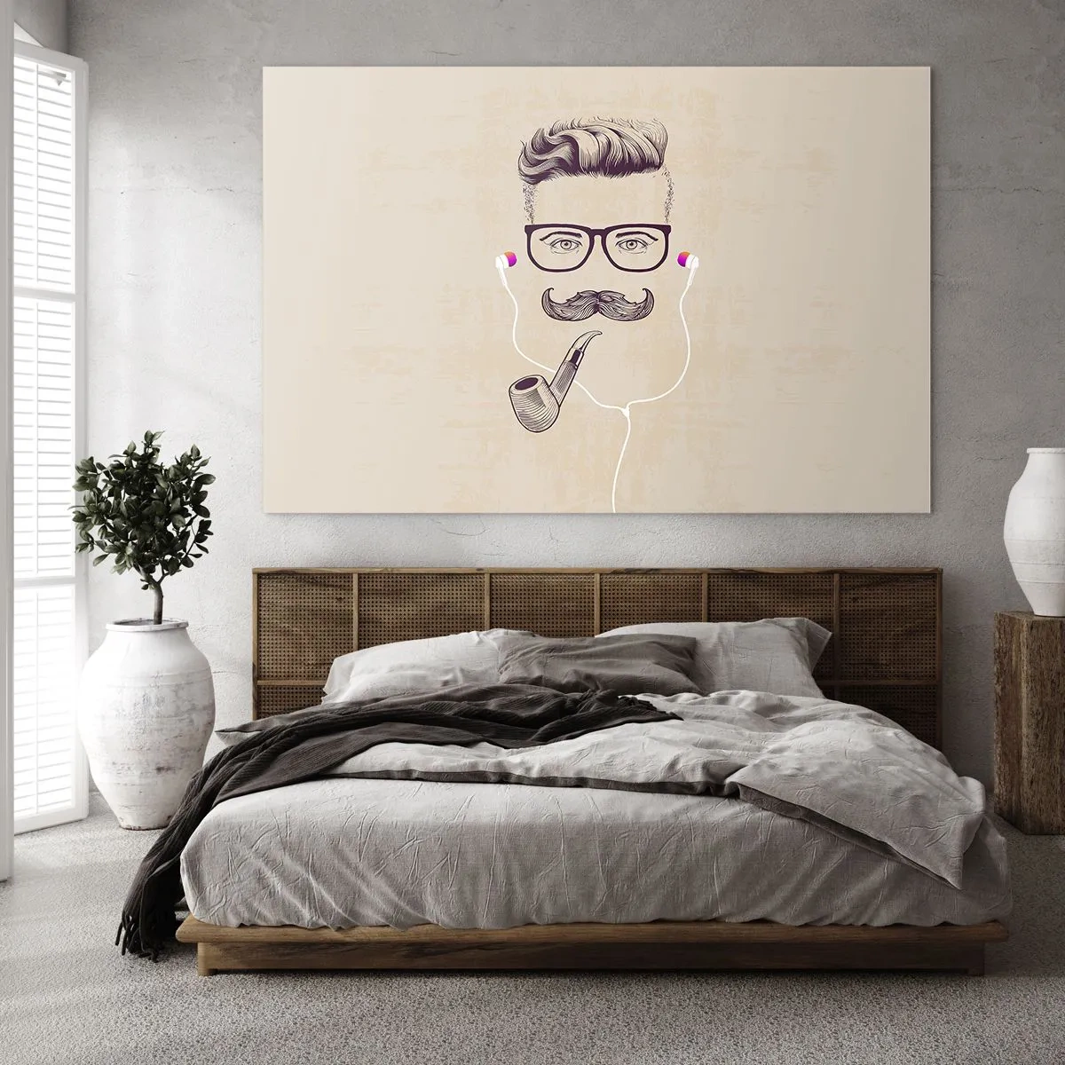 Impression sur verre - Image sur verre - Un dessin d'un homme stylisé avec des lunettes, une moustache et une pipe. - 70x50cm - Un vrai homme? - Décoration murale moderne pour le salon et la chambre ARTTOR