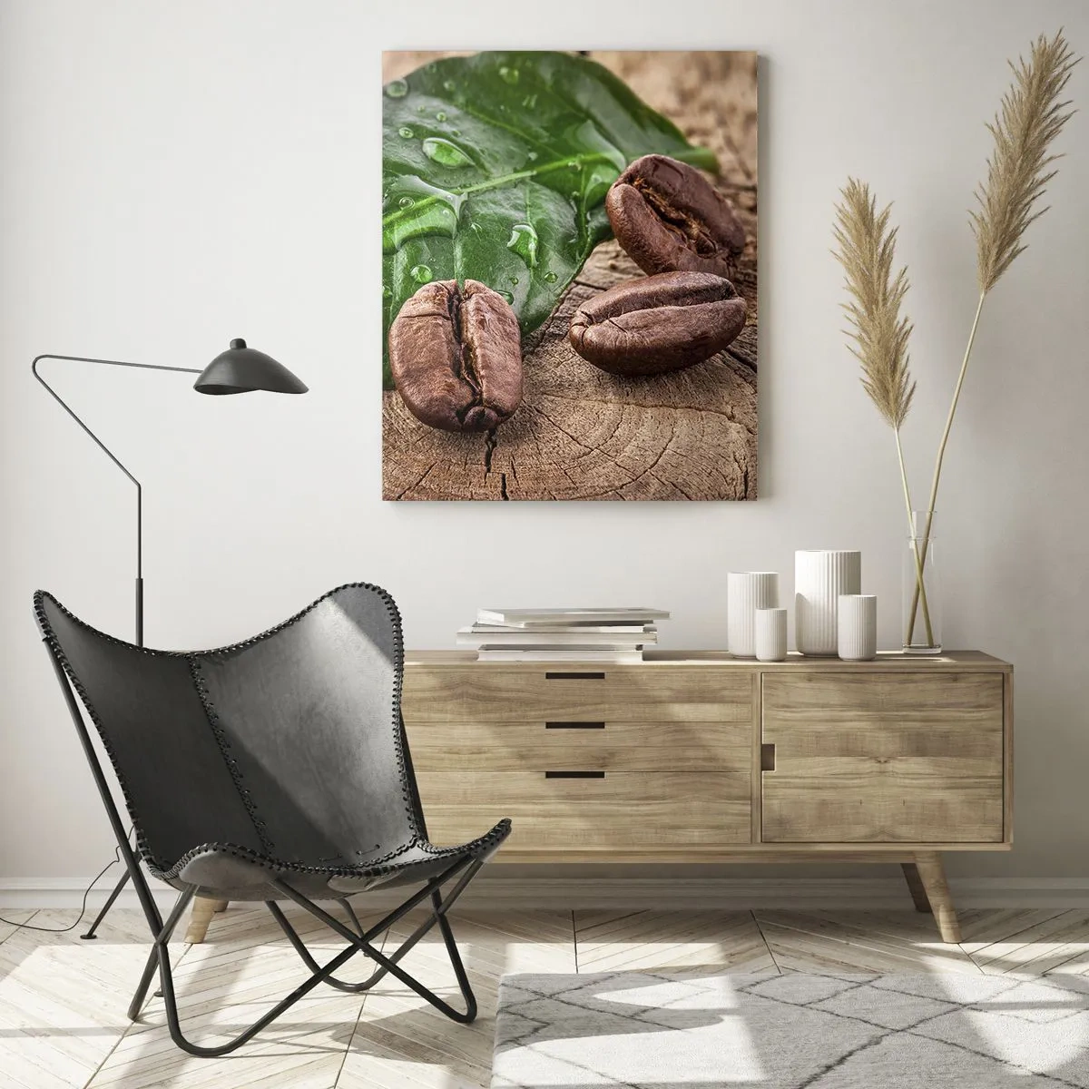 Impression sur verre - Image sur verre - Grains de café sur fond de feuilles et de bois - 50x70cm - La plus vraie et noire - Décoration murale moderne pour le salon et la chambre ARTTOR