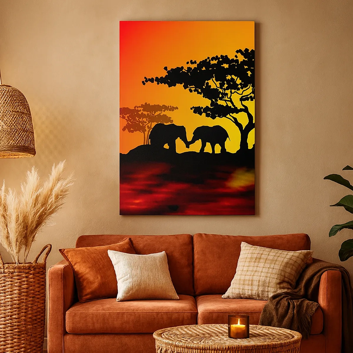 Impression sur toile - Image sur toile - Coucher de soleil africain avec des silhouettes d'éléphants et de girafes au-dessus de l'eau - 50x70cm - Rencontre dans la savane - Décoration murale moderne pour le salon et la chambre ARTTOR