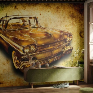 Papier Peint Photo Premium Canvas - Une voiture rétro classique dorée sur un fond vintage avec un effet vieilli. - 100x70cm - La beauté éternelle des classiques - Décoration murale moderne pour le salon et la chambre ARTTOR
