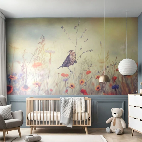 Papier Peint Photo Premium Sand - Un oiseau sur une branche dans une prairie fleurie dans la douce lumière - 100x70cm - Portrait d'oiseau sur pré en fond - Décoration murale moderne pour le salon et la chambre ARTTOR