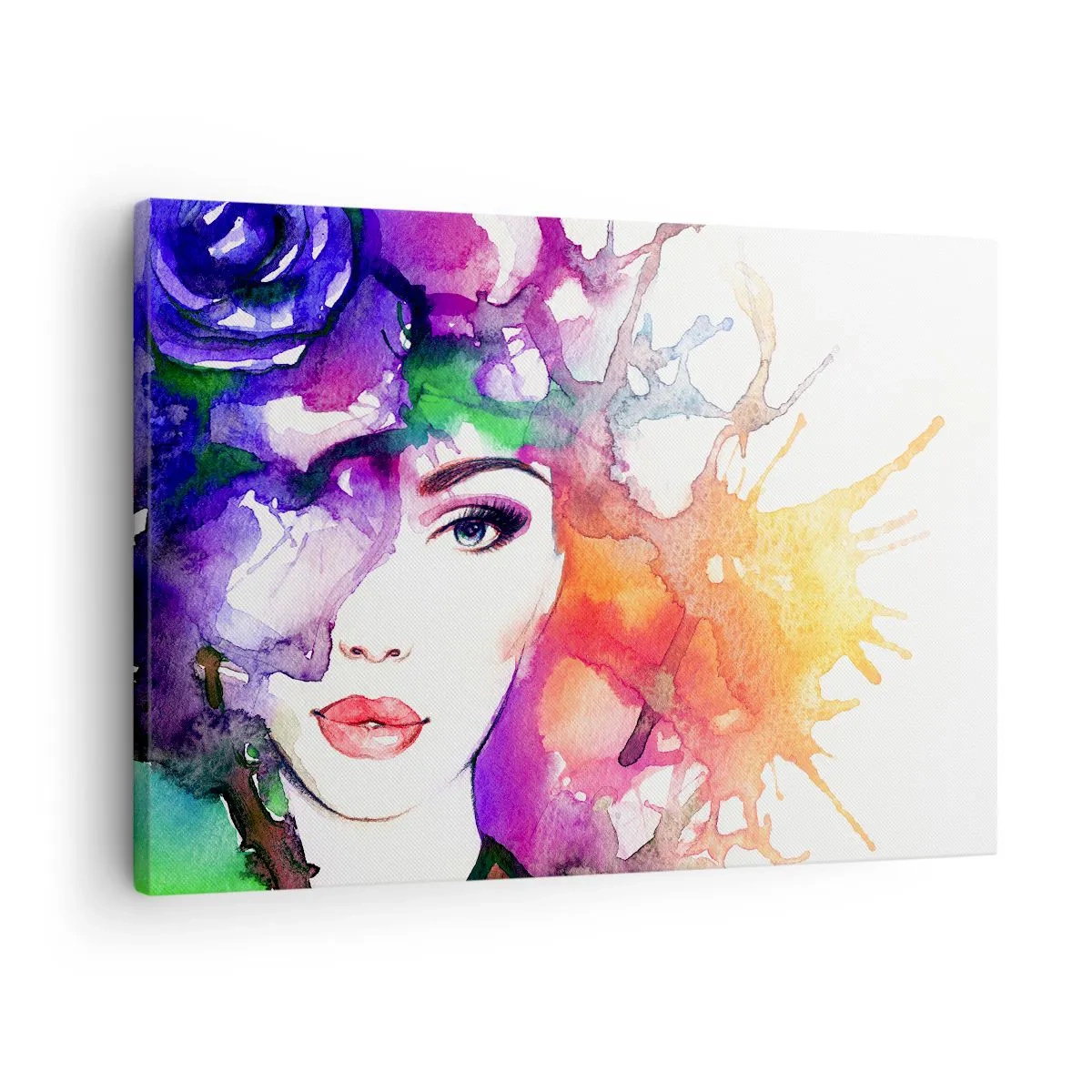Impression sur toile - Image sur toile - Portrait d'une femme aux couleurs aquarelles avec des taches abstraites - 70x50cm - Avec la tête dans les nuages - Décoration murale moderne pour le salon et la chambre ARTTOR