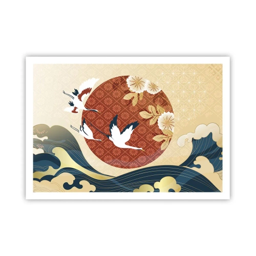 Affiche - Poster - Composition japonaise avec des grues et des vagues - 100x70cm - Conte japonnais - Décoration murale moderne pour le salon et la chambre ARTTOR
