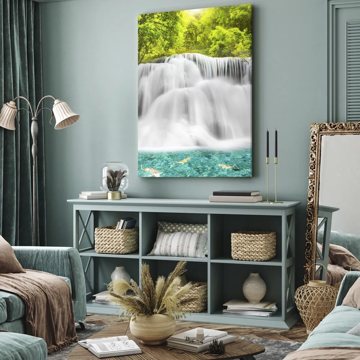 Impression sur toile - Image sur toile - Une cascade dans une forêt tropicale avec de l'eau turquoise - 50x70cm - Une cascade mousseuse du vert à l'azur - Décoration murale moderne pour le salon et la chambre ARTTOR