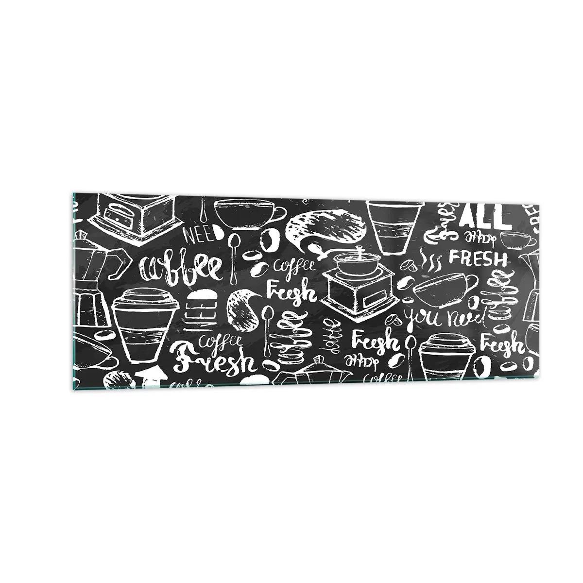 Impression sur verre - Image sur verre - Graphiques de café élégants sur fond noir - 140x50cm - Tout ce dont tu as besoin c'est… - Décoration murale moderne pour le salon et la chambre ARTTOR