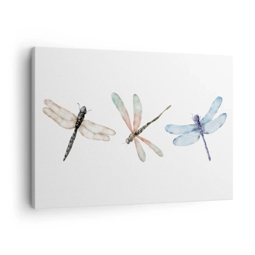 Impression sur toile - Image sur toile - Trois libellules aux couleurs pastel délicates - 70x50cm - Libellules en apesanteur - Décoration murale moderne pour le salon et la chambre ARTTOR