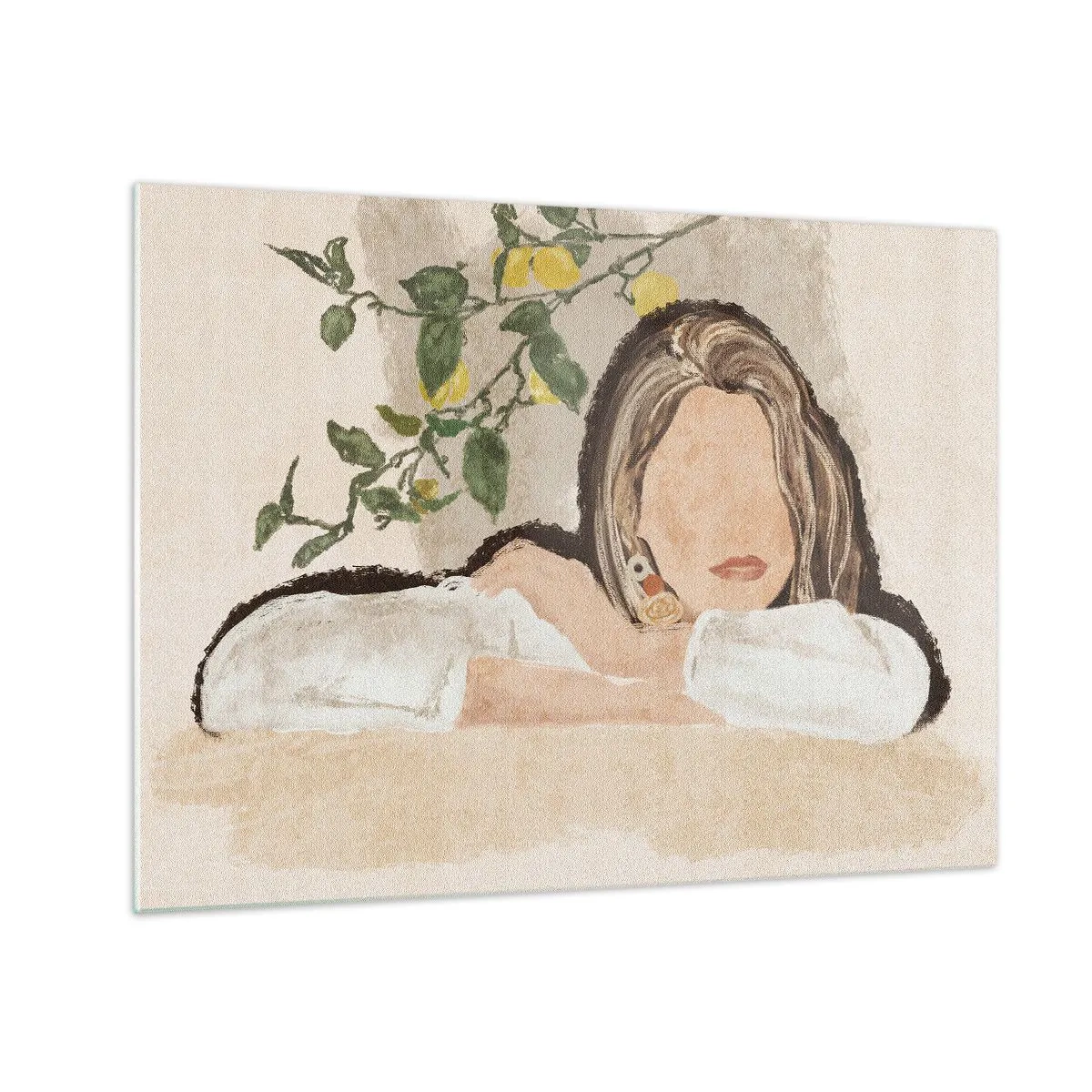 Impression sur verre - Image sur verre - Une femme appuyée sur une table parmi les branches d'un citronnier, le visage sans traits. - 70x50cm - La beauté du sud - Décoration murale moderne pour le salon et la chambre ARTTOR