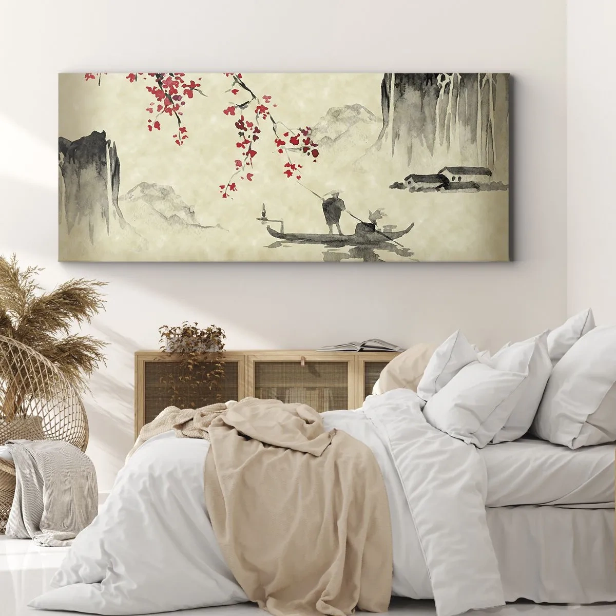 Impression sur toile - Image sur toile - Illustration orientale avec un bateau et une branche fleurie - 120x50cm - Au pays des cerisiers en fleurs - Décoration murale moderne pour le salon et la chambre ARTTOR