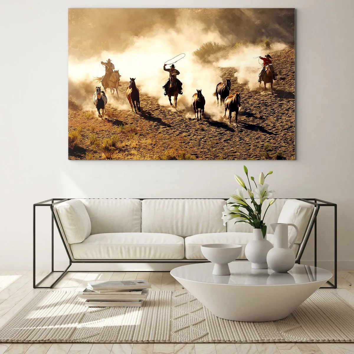 Impression sur verre - Image sur verre - Cowboys à cheval dans la poussière lors d'un rodéo - 120x80cm - L'ouest vraiment sauvage - Décoration murale moderne pour le salon et la chambre ARTTOR