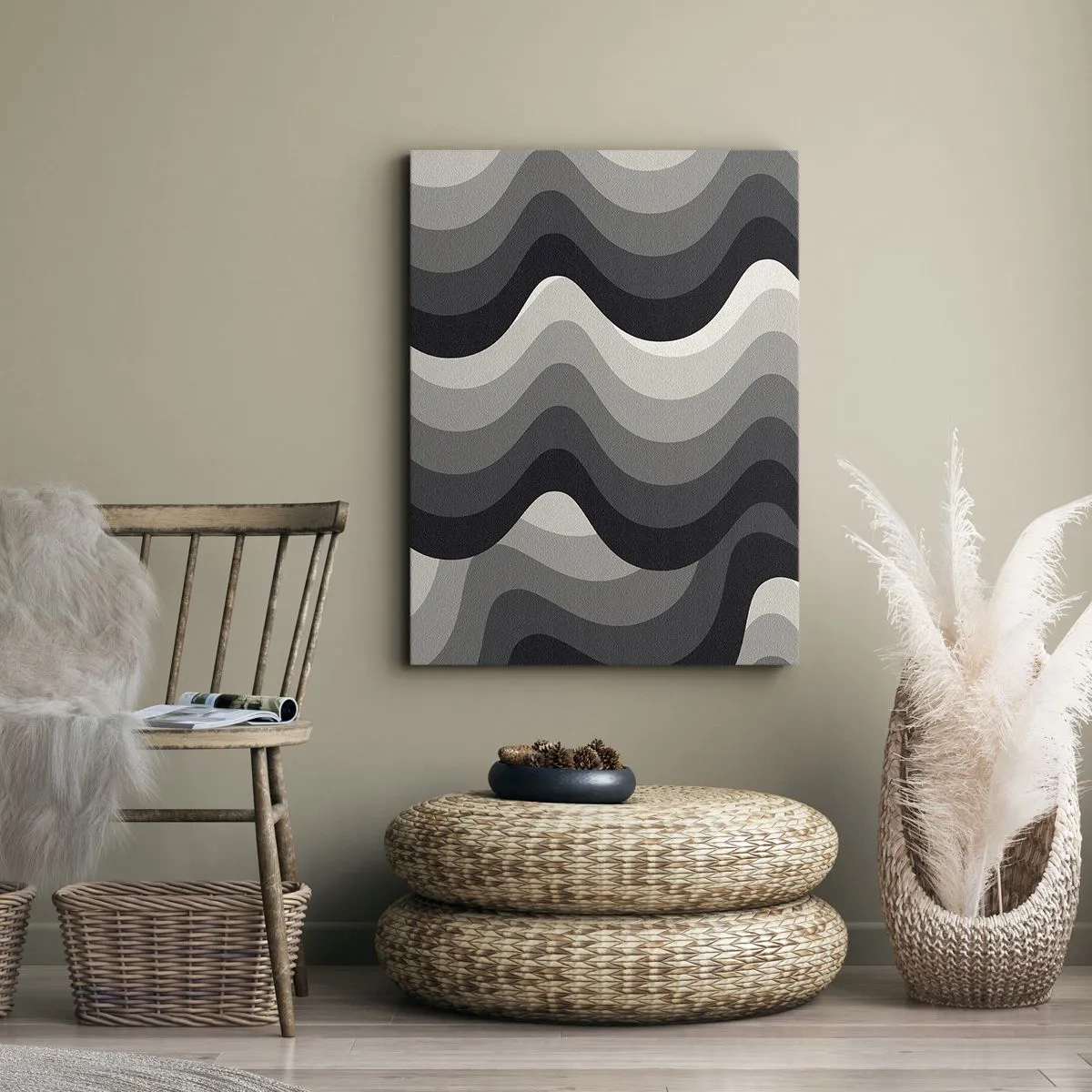 Impression sur toile - Image sur toile - Motifs ondulés noirs et blancs dans des tons de gris - 70x100cm - Vague après vague - Décoration murale moderne pour le salon et la chambre ARTTOR