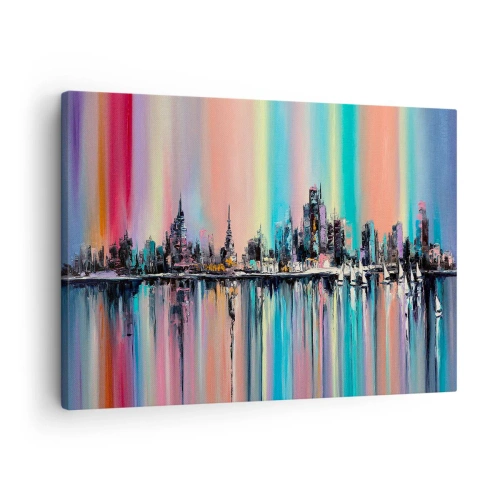 Impression sur toile - Image sur toile - Paysage urbain coloré avec reflet sur l'eau - 70x50cm - Noyé par la lumière de la nuit - Décoration murale moderne pour le salon et la chambre ARTTOR