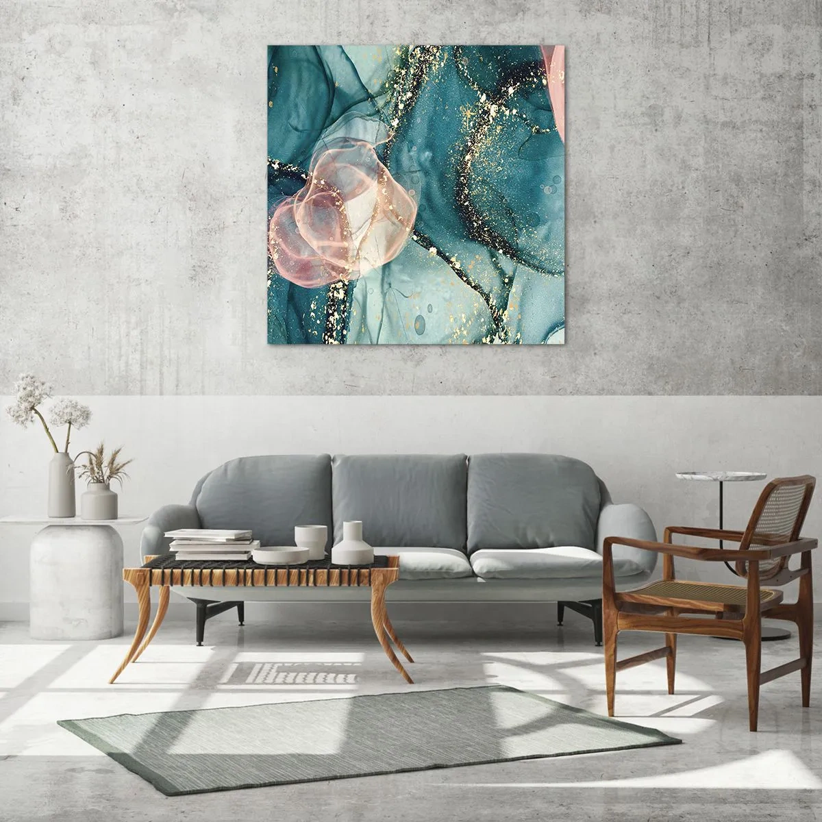 Impression sur verre - Image sur verre - Soie bleu, tulle rose - 40x40 cm