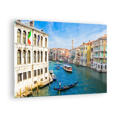Impression sur verre - Image sur verre - Un canal à Venise avec des gondoles et des bateaux sur l'eau - 70x50cm - Trafic de rue unique au monde - Décoration murale moderne pour le salon et la chambre ARTTOR