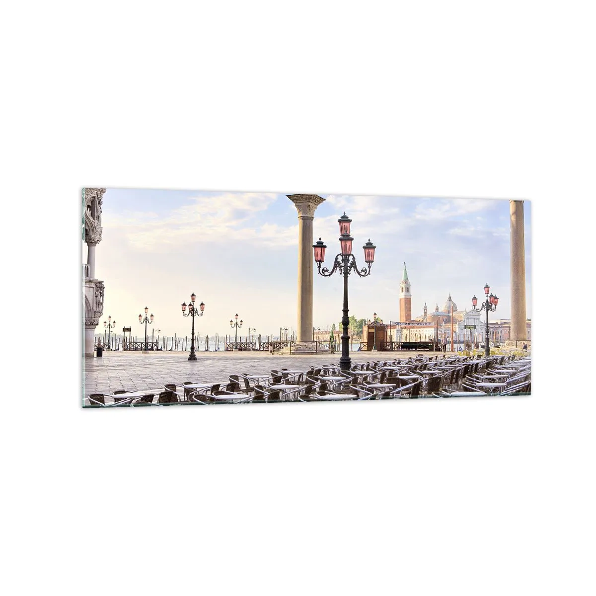Impression sur verre - Image sur verre - Venise, vue de la place avec des colonnes et des tables de café - 120x50cm - Nous vous invitons, tout est prêt - Décoration murale moderne pour le salon et la chambre ARTTOR