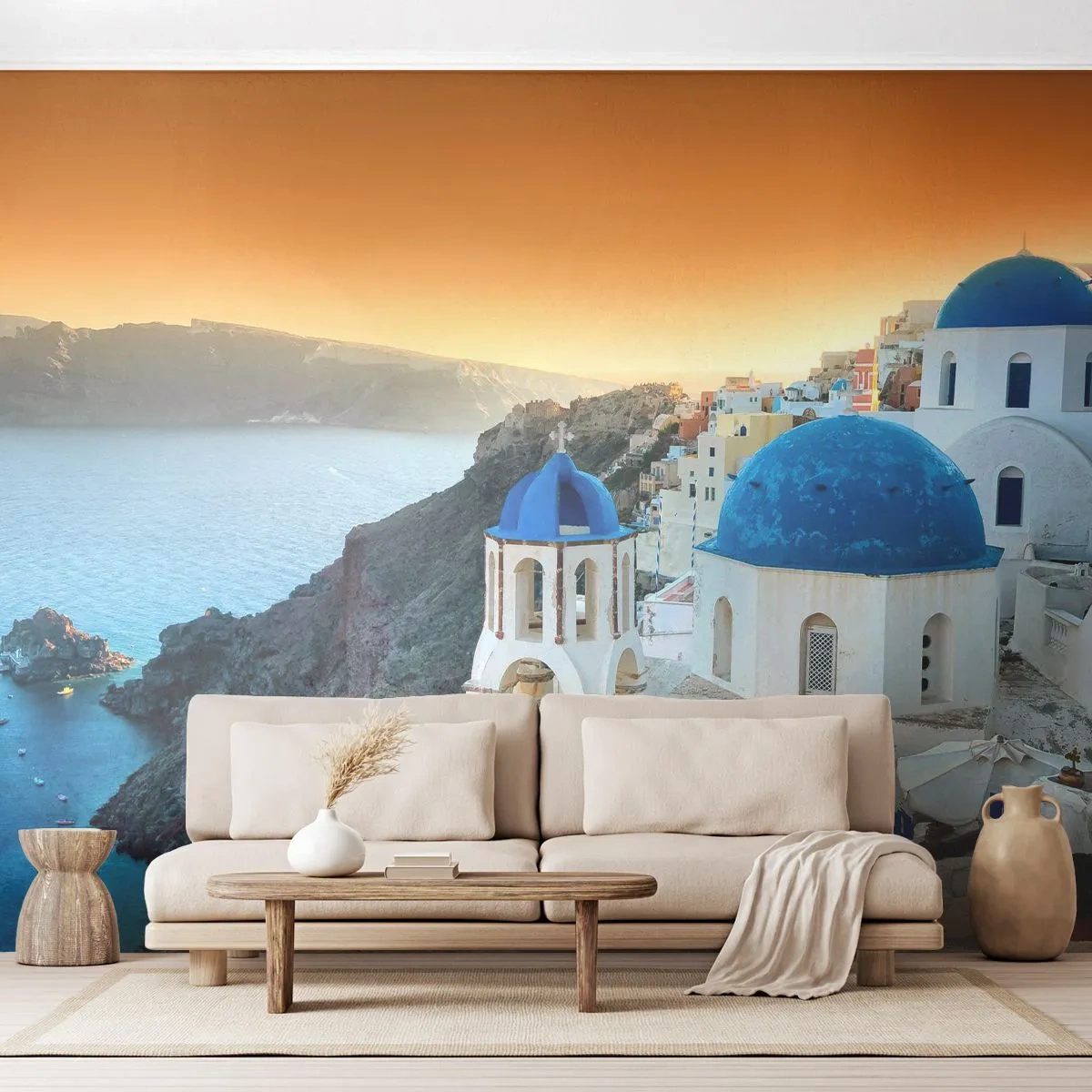 Papier Peint Autocollant Deluxe Sticker - Santorin - blotti contre les rochers - Paysage, Grèce, Santorin - 250x175 cm