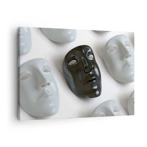 Impression sur toile - Image sur toile - Masques noirs et blancs sur fond clair - 70x50cm - Comment se démarquer ? - Décoration murale moderne pour le salon et la chambre ARTTOR