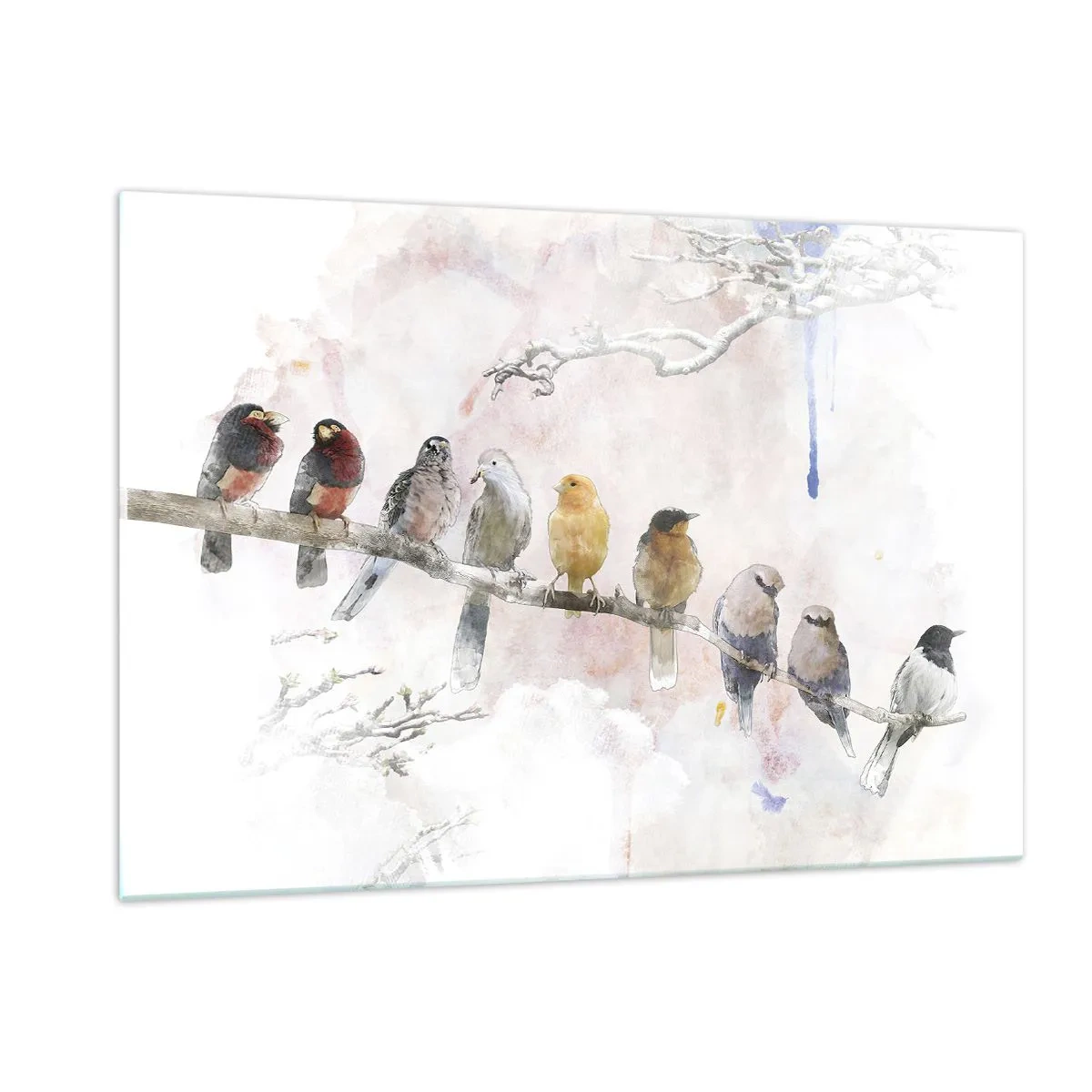 Impression sur verre - Image sur verre - Oiseaux colorés sur une branche dans un style pictural - 120x80cm - Rencontre ailée - Décoration murale moderne pour le salon et la chambre ARTTOR