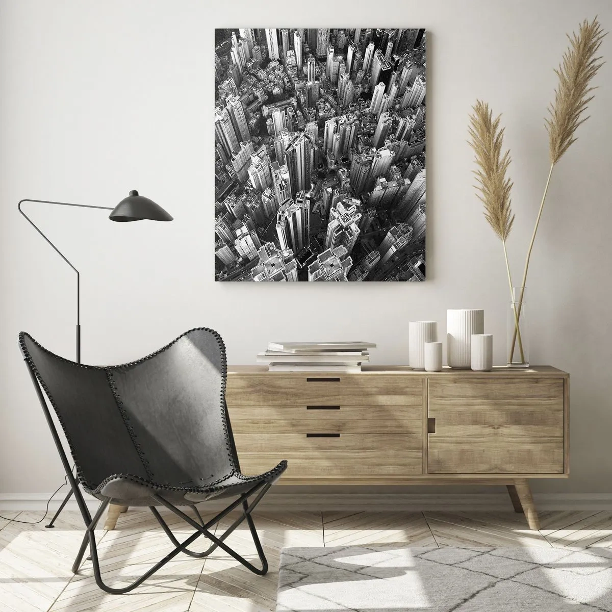 Impression sur verre - Image sur verre - Vue aérienne de la ville en noir et blanc - 50x70cm - Toujours de plus en plus haut - Décoration murale moderne pour le salon et la chambre ARTTOR