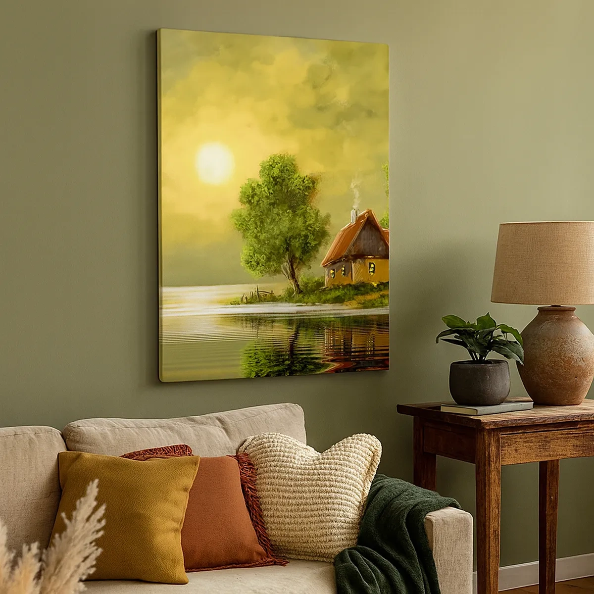Impression sur toile - Image sur toile - Maison au bord du lac dans la lumière du coucher du soleil - 50x70cm - Beau, comme une image - Décoration murale moderne pour le salon et la chambre ARTTOR