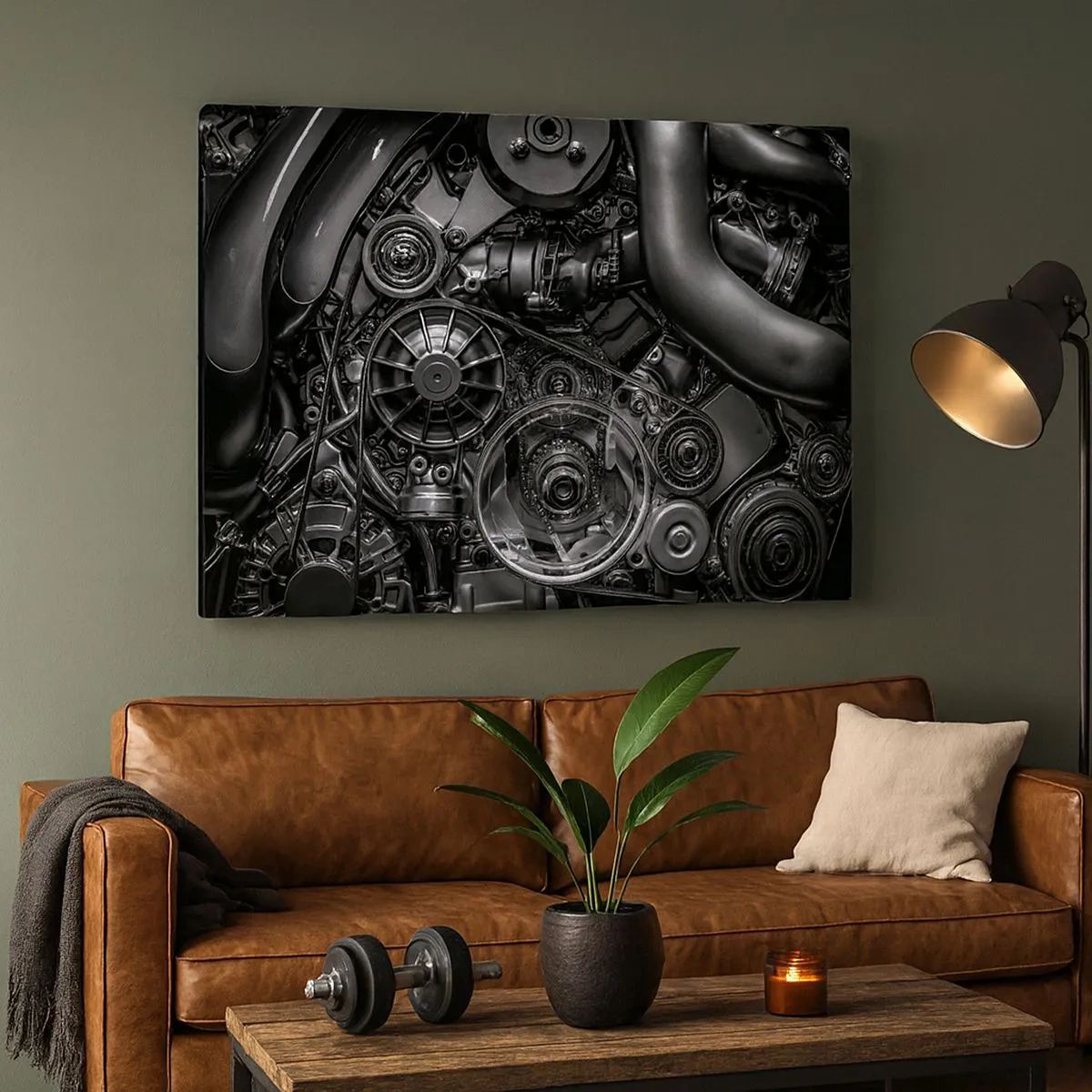 Impression sur toile - Image sur toile - Gros plan noir et blanc des détails mécaniques d'un moteur de voiture. - 70x50cm - Poésie mécanique - Décoration murale moderne pour le salon et la chambre ARTTOR
