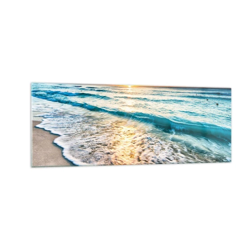 Impression sur verre - Image sur verre - Lever de soleil sur une plage tranquille avec des vagues - 140x50cm - Une vue qui en vaut la peine - Décoration murale moderne pour le salon et la chambre ARTTOR