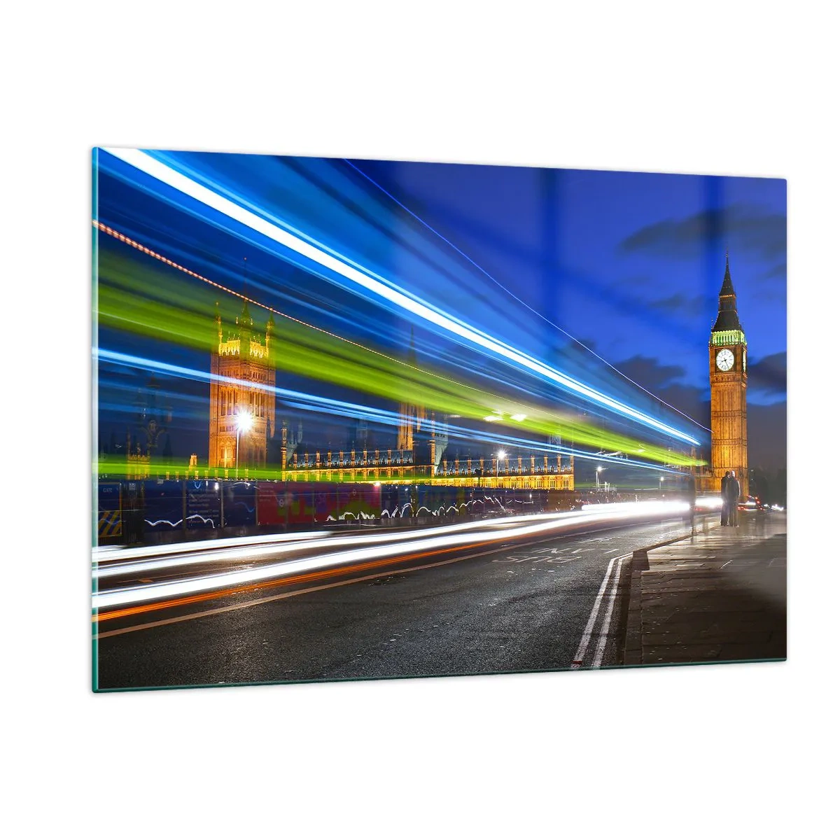 Impression sur verre - Image sur verre - Big Ben la nuit avec des phares de voiture flous - 120x80cm - Sous l'œil de Big Ben - Décoration murale moderne pour le salon et la chambre ARTTOR