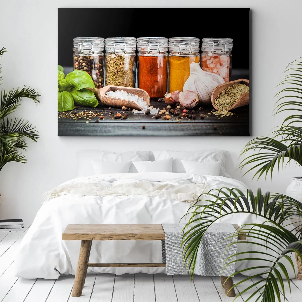 Impression sur toile - Image sur toile - Herbes et épices dans des bocaux en verre sur fond sombre - 70x50cm - Pour que la vie ait du goût - Décoration murale moderne pour le salon et la chambre ARTTOR