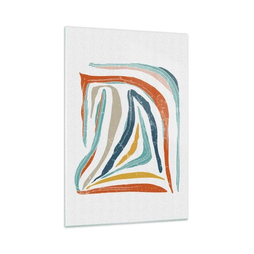 Impression sur verre - Image sur verre - Lignes colorées et dynamiques dans les tons de bleu, orange et beige - 70x100cm - Abstraction avec un sourire amical - Décoration murale moderne pour le salon et la chambre ARTTOR