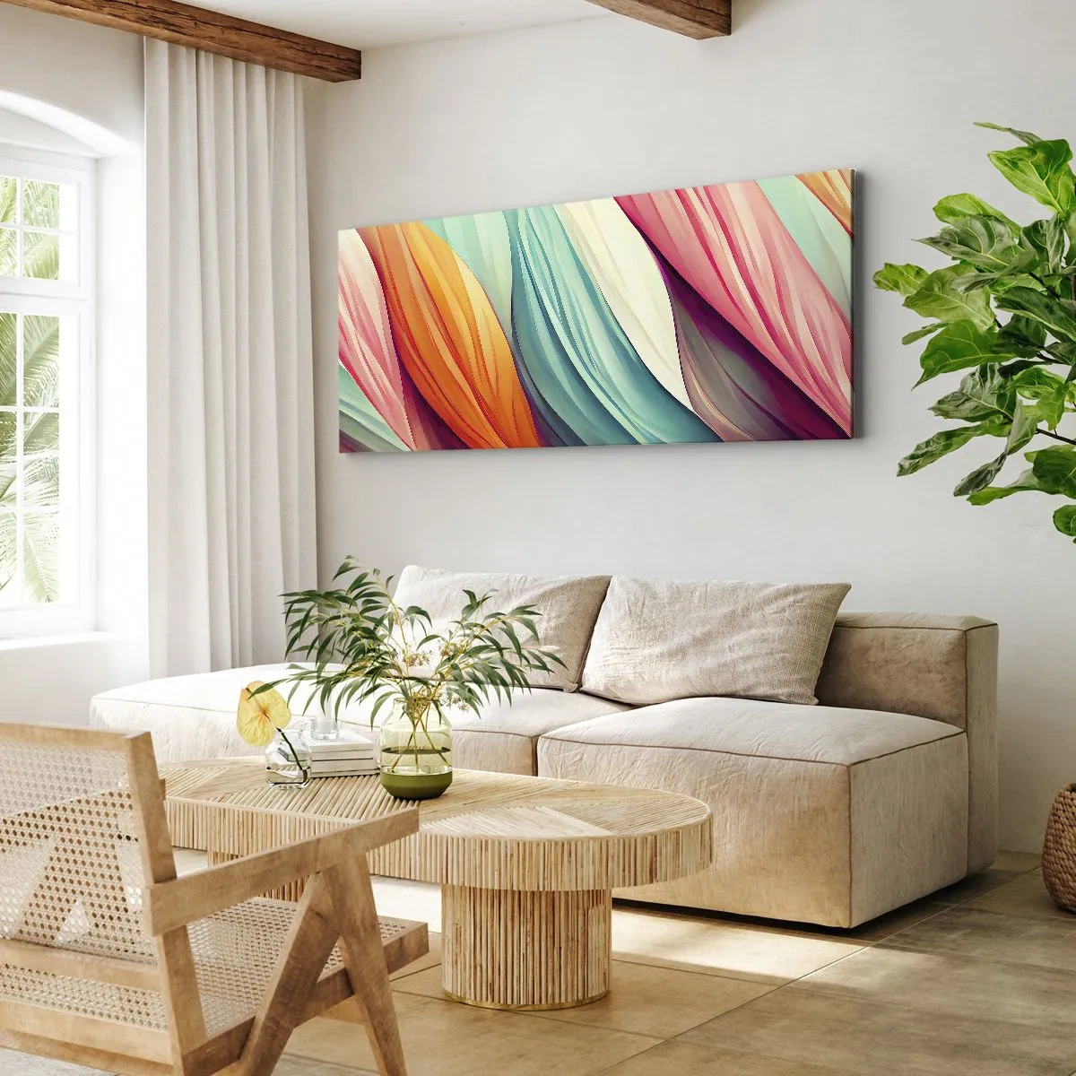 Impression sur toile - Image sur toile - Lignes abstraites aux couleurs pastel et vibrantes - 160x50cm - Tissage arc-en-ciel - Décoration murale moderne pour le salon et la chambre ARTTOR