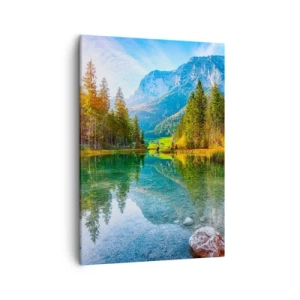 Impression sur toile - Image sur toile - Un lac pittoresque entouré de montagnes et de forêts - 50x70cm - Douceur automnale - Décoration murale moderne pour le salon et la chambre ARTTOR